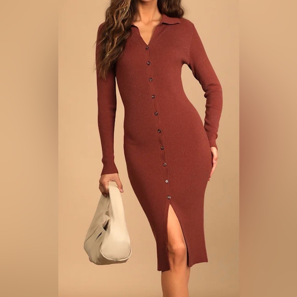 NWT Lulus Daily Favorite Rust Brown Long Sleeve Midi Dress size Small